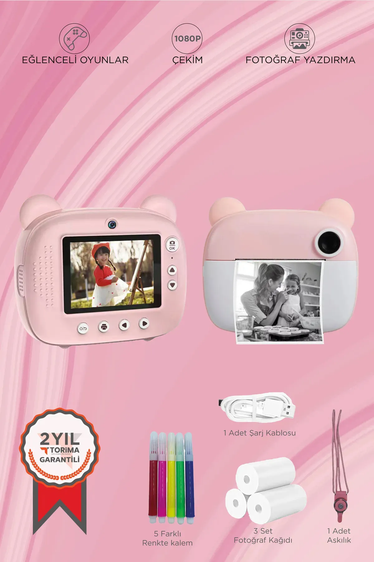 Torima Cmr14 Pembe Dijital Video Fotoğraf Çocuk Kamerası Anlık Termal Resim Kağıt Baskılı Yazıcı